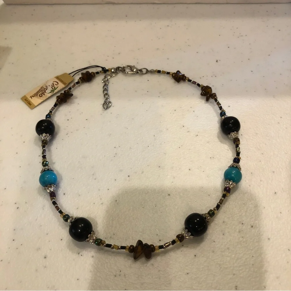 NWT Calypso Studios Necklace Handmade art glass black & teal w/ tigers eye chips - Picture 5 of 8